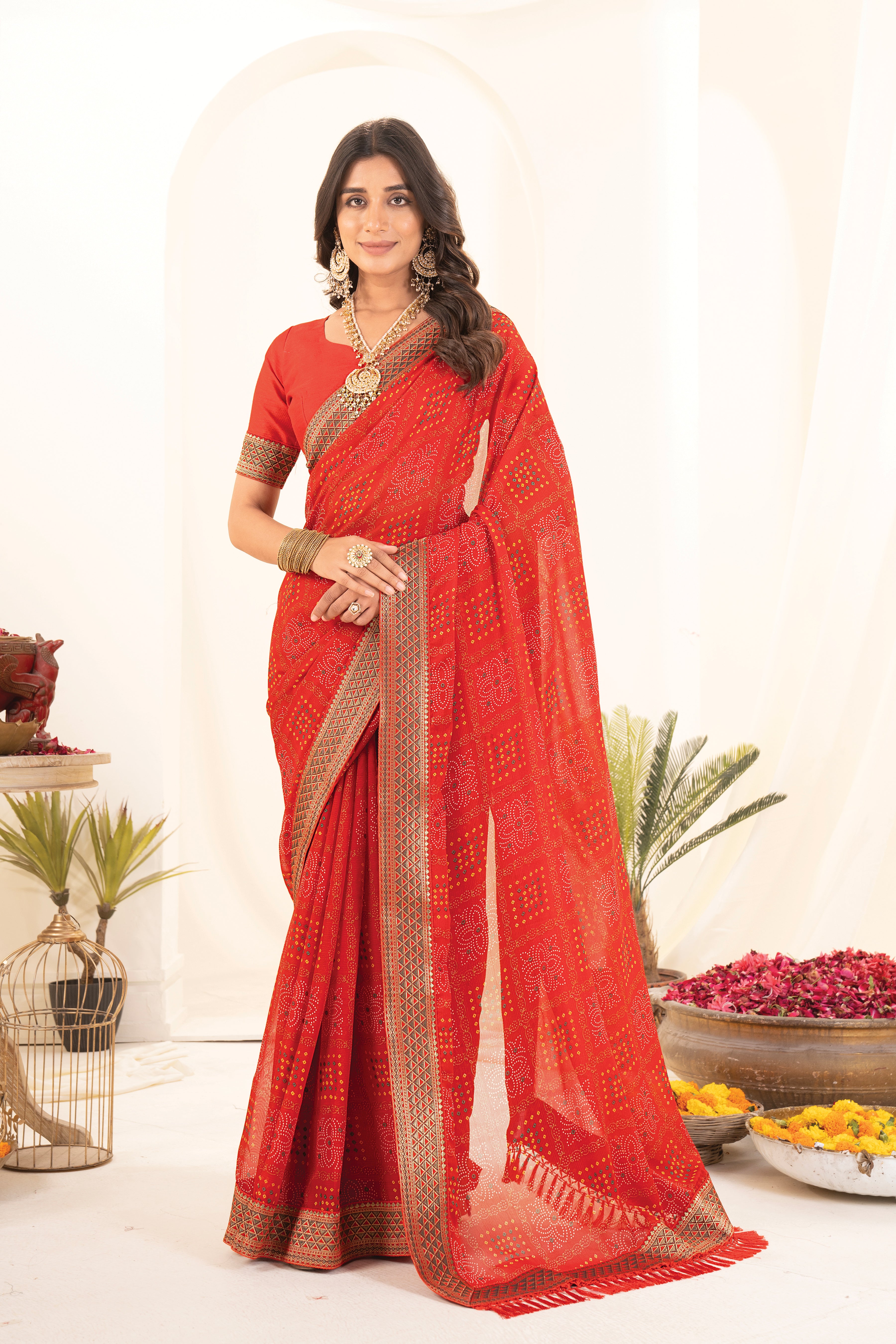 Bandhani Print Red Georgette Saree